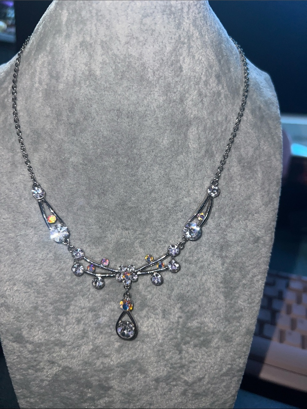 Silver Crystal Teardrop Necklace with Aurora Accents